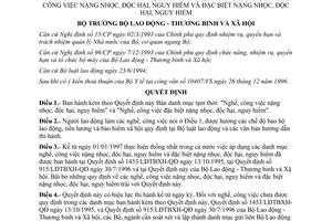 Quyết định 1629/LĐTBXH-QĐ tạm thời danh mục nghề, công việc nặng nhọc, độc hại, nguy hiểm và đặc biệt nặng nhọc, độc hại, nguy hiểm