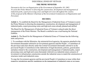 Decision No. of December 28, 1996, of the Prime Minister on the establishment of the board for the management of industrial zones of Vietnam