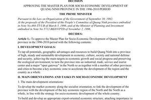 Decision No. 988-TTg of  December 30, 1996, of the Prime Minister approving the master plan for socio-economic development of Quang Ninh province in the 1996-2010 period