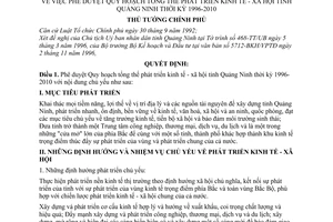 Quyết định 988-TTg phê duyệt Qui hoạch tổng thể phát triển kinh tế - xã hội tỉnh Quảng Ninh 1996 -2010