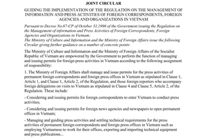 Joint Circular No. 84-TTLB of December 31, 1996, guiding the implementation of the regulation on the management of information and press activities of foreign correspondents, foreign agencies and organizations in Vietnam