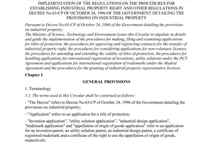 Circular No. 3055/TT-SHCN of December 31, 1996, of the Ministry of science, technology and environment guiding the implementation of the regulations on the procedures for establishing industrial property right and other regulations in Decree No.63-CP of October 24, 1996 of the Government detailing the provisions on industrial property