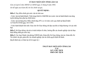 Quyết định 274/QĐ-UB năm 1996 điều chỉnh giá cước vận tải đường bộ Lào Cai