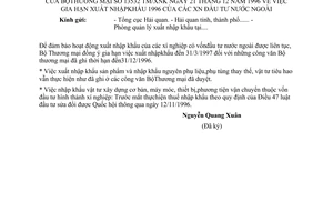 Công văn 13532-TM/XNK gia hạn xuất nhập khẩu 1996 của các xí nghiệp đầu tư nước ngoài