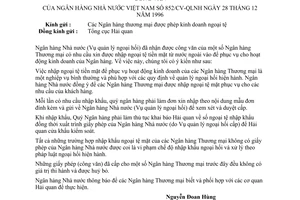 Công văn 852/CV-QLNH nhập ngoại tệ tiền mặt ngân hàng thương mại