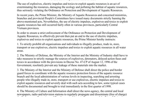 Dirrective No. 01/1998/CT-TTg, strictly banning the use of explosives, electric impulses and toxics to exploit aquatic resources, promulgated by the Prime Minister of Government