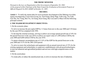 Decision No. 01/1998/QD-TTg of the Prime Minister of Government, ratifying the master plan for socio-economic development of the Mekong river delta region from now till the year 2010