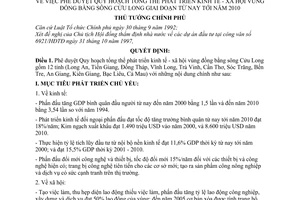 Quyết định  01/1998/QĐ-TTg  phê duyệt quy hoạch tổng thể phát triển kinh tế - xã hội vùng đồng bằng sông Cửu Long từ nay đến năm 2010
