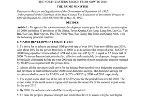 Decision No.  02/1998/QD-TTg of January 6, 1998, on the approval of the socio-economic development master plan for the north eastern region from now to 2010