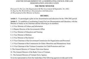 Decision No. 3/1998/QD-TTg of January 7, 1998, promulgating the 1998-2002 plan on law dissemination and education and the establishment of a coordinating council for law dissemination and education