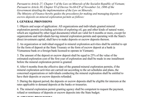 Circular No. 05/1998/TT-BTC of January 9, 1998, the Ministry of finance guiding the procedures for making and managing deposits or escrow deposits for mineral exploration permits