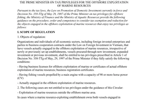 Joint circular No. 07/1998/TTLT-BTC-BTS of January 10, 1998, guiding the implementation of Decision No. 358-TTg of May 29, 1997 of the Prime Minister on tax privileges for the offshore exploitation of marine resources