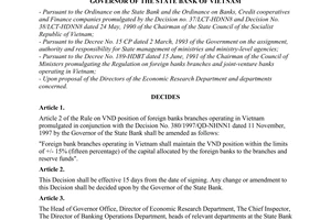 Decision No. 20/1998/QD-NHNN1 of January 10, 1998, on the adjustment to the rule on vnd position of foreign banks branches  operating in Vietnam.