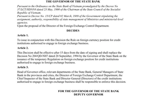 Decision No. 18/1998/QD-NHNN7 of January 10th, 1998, on the issuance of the rule on foreign currency position for credit institutions authorised to engage in foreign exchange business.