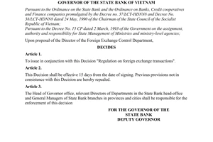 Decision No. 17/1998/QD-NHNN7 of January 10th, 1998, on the insurance of regulation on Foreign Exchange Transaction.