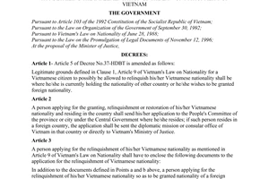 Decree No. 06/1998/ND-CP of January 14, 1998, amending a number of articles of Decree No.37-HDBT of February 5, 1990 detailing the implementation of the Law on Nationality of Vietnam