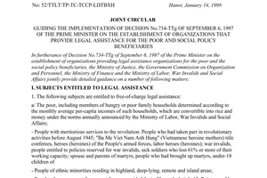 Joint circular No. 52/TTLT/TP-TC-TCCP-LDTBXH of January 14, 1998, guiding the implementation of Decision No.734-TTg of September 6, 1997 of the Prime Minister on the establishment of organizations that provide legal assistance for the poor and social policy beneficiaries