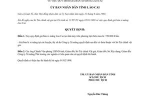 Quyết định 11/1998/QĐ.UB quy định giá bán xi măng Lào Cai
