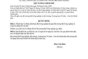 Quyết định 50/QĐ-TTg  thành lập Vụ Pháp chế thuộc Bộ Công nghiệp