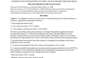 Decision No. 39/1998/QD-NHNN1 of January 17, 1998, stipulating the interest rates for loans in Vietnam Dong lent by credit institutions to economic organizations and people and interest rates for deposits in us dollar of economic organizations