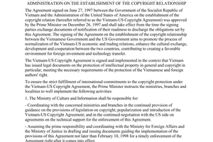 Dirrective No. 4/1998/CT-TTg of January 22, 1998, the measures to implement the agreement between the Socialist Republic of Vietnam Government and the United States of America administration on the establishment of the copyright relationship