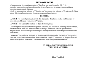 Decree No. 08/1998/ND-CP of January 22, 1998, promulgating the regulation on the establishment of associations of foreign businesses in Vietnam