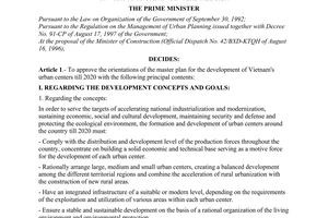 Decision No. 10/1998/QD-TTg of January 23, 1998, to approve the orientations of the master plan for the development of Vietnam's urban centers till 2020