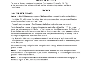 Decison No. 12/1998/QD-TTg of January 23, 1998, the management of rice export and fertilizer import in 19