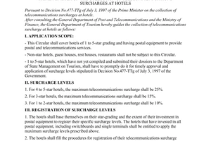 Circular No. 66/1998/TT-TCDL of January 23, 1998, guiding the implementation of Decision No.477-TTg of July 3, 1997 of the Prime Minister on the collection of telecommuni-cations surcharges at hotels