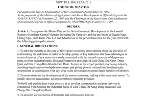 Decision No. 14/1998/QD-TTg of January 24, 1998, approving the master plan on the socio-economic development in the costal region of southern central Vietnam in the period from now till the year 2010