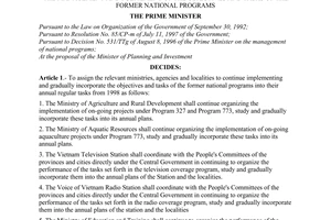 Decision No. 19/1998/QD-TTg of January 24, 1998, the management and fulfilment of the objectives and tasks of the former national programs