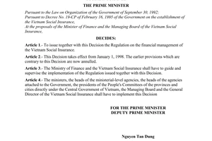 Decision No. 20/1998/QD-TTg of January 26, 1998, to issue the regulation on the financial management of the Vietnam social insurance