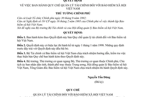 Quyết định 20/1998/QĐ-TTg Quy chế quản lý tài chính đối với Bảo hiểm xã hội Việt Nam