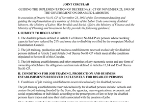 Joint circular No. 01/1998/TT-LTBLDTBXH-BTC-BKHDT of January 31, 1998 guiding The Implemen-Tation Of Decree No.81-CP of November 23, 1995 of The Government on Disabled Laborers