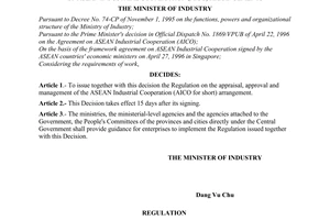 Decision No. 07/1998/QD-BCN of February 2, 1998, to issue the "regulation on the appraisal, approval and management of asean industrial cooperation (AICO) arrangements