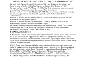 Joint circular No. 171/1998/TTLT/BVG-CAAV, on management of prices in the Vietnam civil aviation service, issued by the Government Pricing Committee, the Vietnam Civil Aviation Administration