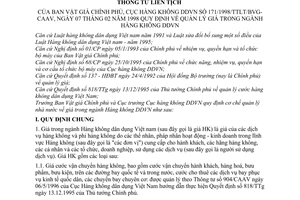 Thông tư liên tịch 171/1998/TTLT/BVG-CAAV quy định quản lý giá ngành Hàng không Dân dụng Việt Nam