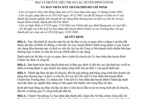 Quyết định 603/QĐ-UB-KT di chuyển dân cư ,đền bù trợ cấp thiệt hại,bố trí định cư trong công trình xây dựng khu thương mại dịch vụ siêu thị An Lạc