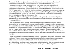 Circular No. 20/1998/TT-BTC of February 13, 1998,  guiding the prices for calculation of special consumption tax on foreign-brand cigarettes manufactured and consumed in Vietnam