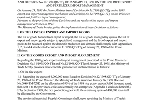 Circular No. 01/1998/TM-XNK of February 14, 1998, the implementation of prime Minister's Decision No.11/1998/QD-TTg of January 23, 1998 on the 1998 export and import management mechanism and Decision no.12/1998/QD-TTg of January 23, 1998 on the 1998 rice export and fertilizer import management