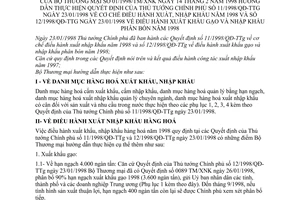 Thông tư 01/1998/TN/XNK điều hành xuất khẩu gạo nhập khẩu phân phân bón năm 1998 hướng dẫn Quyết định  11/1998/QĐ-TTg 12/1998/QĐ-TTg