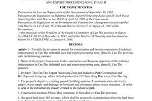 Decision No. 100/QD-TTg, ratifying the investment project for construction and business operation of technical infrastructure in Can Tho Industrial park and export processing zone, phase ii, promulgated by the Prime Minister of Government