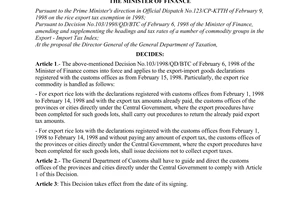 Decision No. 153/1998/QD-BTC, on settling export taxes, promulgated by the Ministry of Finance