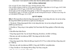 Quyết định 104/QĐ-TTg phê duyệt dự án trồng rừng nguyên liệu, xây dựng nhà máy ván sợi ép (MDF) tại tỉnh Gia Lai