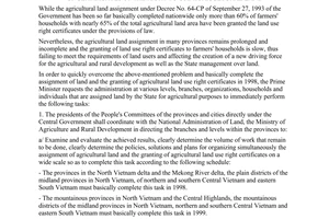 Dirrective No. 10/1998/CT-TTg, on stepping up and completing the assignment of land and granting of certificates of the right to use agricultural land, promulgated by the Prime Minister of Government