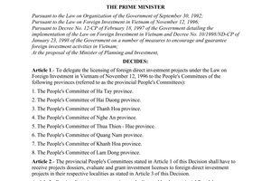 Decision No. 41/1998/QD-TTg of February 20, 1998, on the delegation of the licensing of foreign direct investment projects
