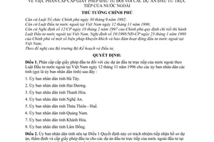 Quyết định 41/1998/QĐ-TTg phân cấp cấp giấy phép đầu tư đối với các dự án đầu tư trực tiếp của nưóc ngoài