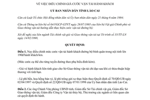 Quyết định 29/1998/QĐ.UB điều chỉnh mức cước vận tải hành khách Lào Cai