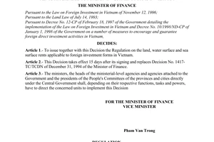 Decision No. 179/1998/QD-BTC of February 24, 1998, of the minister of finance to issue the regulation on the land, water surface and sea surface rents applicable to foreign investment forms in Vietnam