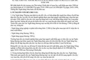 Chỉ thị 02/1998/CT-NHNN1 cho vay vốn mua lúa xuất khẩu gạo lúa dự trữ năm 1998
